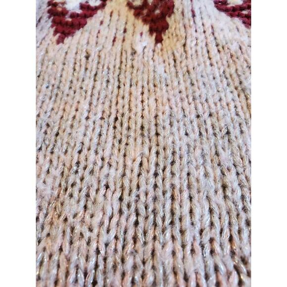Express Fair Isle Sweater Puff Sleeve Knit Burgundy Beige Pullover - Picture 3 of 8